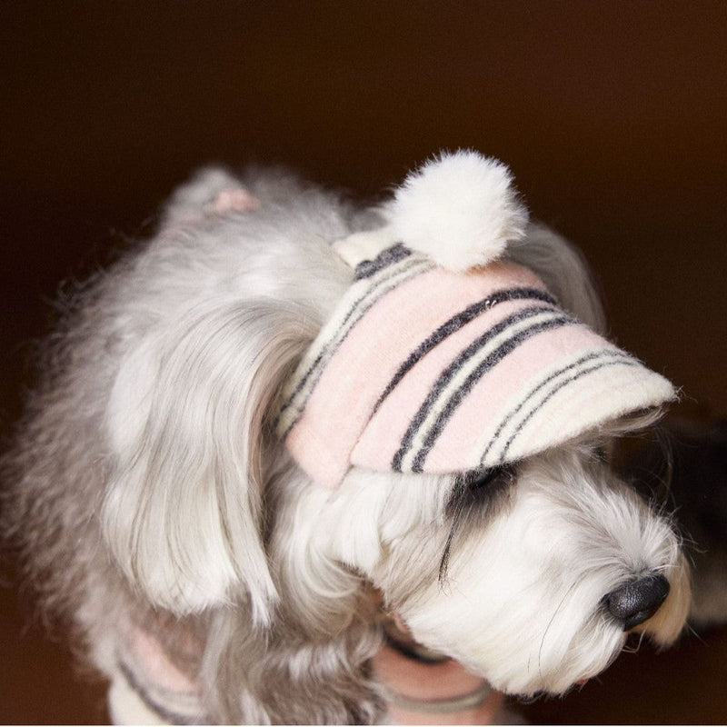 HKM-2230845 Striped Acrylic Fur Ball Hat for Dogs - Pink and Coffee, Sizes Small to Large