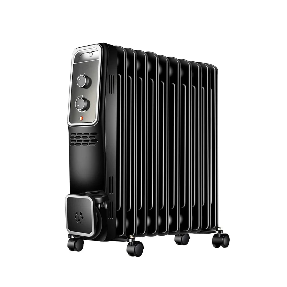 HKM-223187 Compact Black Oil-Filled Radiator Heater with Adjustable Thermostat and Overheat Protection