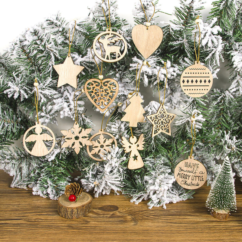 HKM-223187 Wooden Hollow Pendant Box Set for Christmas Decorations - 12 Pieces, 12x12x1 cm