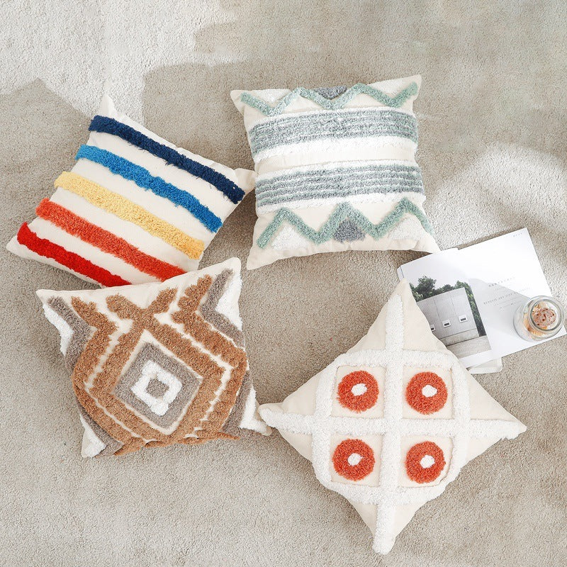 HKM-223635 Cotton Canvas Tufted Geometric Embroidered Pillowcase - 45x45cm Various Colors Available