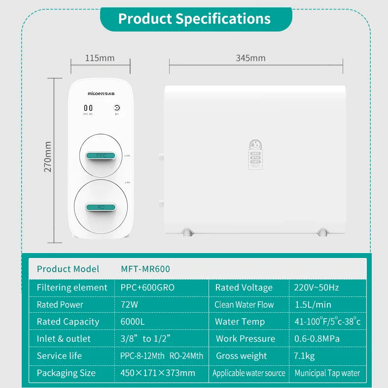 HKM-223763 600GPD Reverse Osmosis Water Purifier for Household Use, TDS Reduction & 0.0001 Micron Filtration