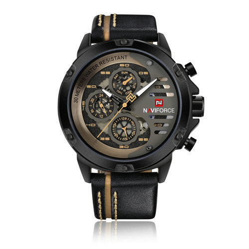 HKM-224083 Men's Quartz Watch with Calendar and Waterproof Features - Casual Style, Genuine Leather Strap, Alloy Case, 30M Waterproof
