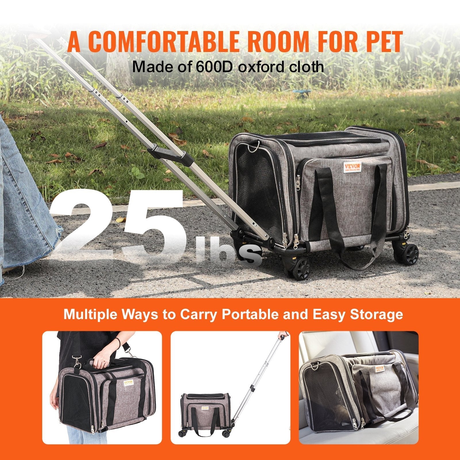 HKM-2241213 Rolling Pet Carrier with Wheels, Airline Approved, Comfortable Design, for Pets Under 25 lbs, Includes Folding Bowl, Grey