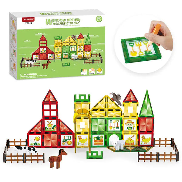 HKM-224211 80-Piece Magnetic Tile Learning Set for Kids - STEM Building Blocks and Window Art Supplies