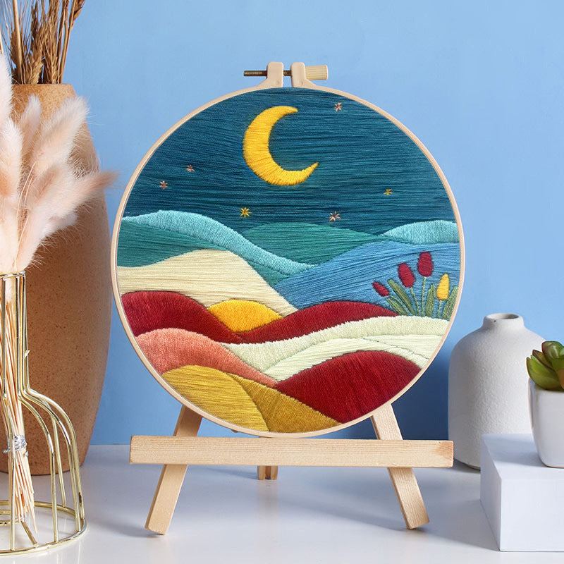 HKM-224659 Mountain, Sun, and Moon Landscape Embroidery Kit with Frame, Scissors, and Needle Threader - 29x29CM