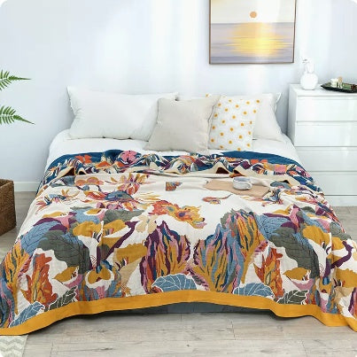 HKM-224723 Cotton Multilayer Gauze Towel Blanket - Ink Flower Design, All Seasons, Available in 150cm x 200cm and 250cm x 250cm Sizes