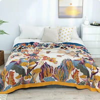 HKM-224723 Cotton Multilayer Gauze Towel Blanket - Ink Flower Design, All Seasons, Available in 150cm x 200cm and 250cm x 250cm Sizes