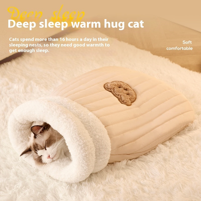 HKM-2248765 Cozy Cat Sleeping Bag with Bear Pattern - Soft Fleece & Supportive Cotton Fiber, 3D Entrance, and Machine Washable