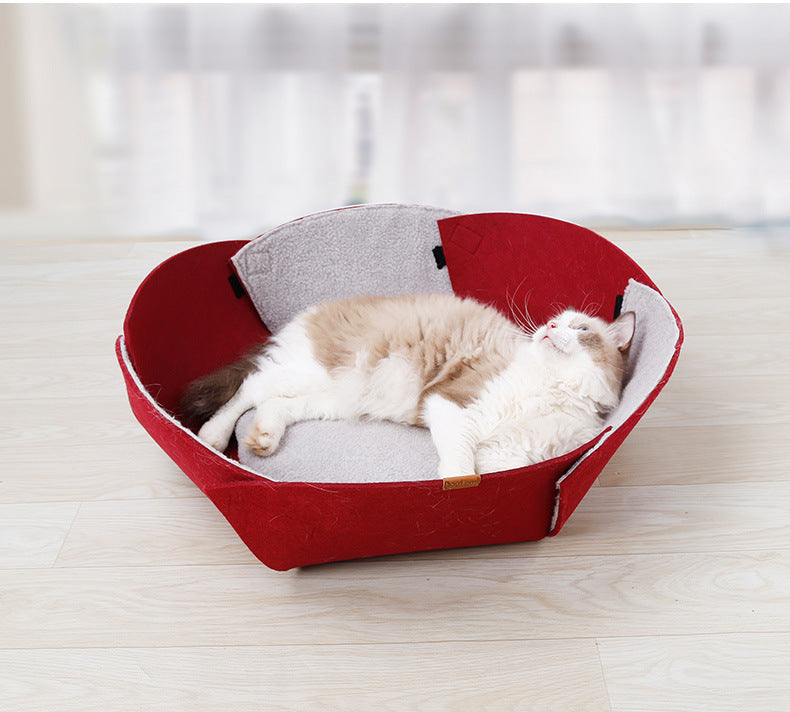 HKM-2250557 Cozy Red Felt Cat Nest with Removable Lamb Down Lining, 47cm x 40cm x 25cm