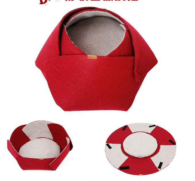 HKM-2250557 Cozy Red Felt Cat Nest with Removable Lamb Down Lining, 47cm x 40cm x 25cm