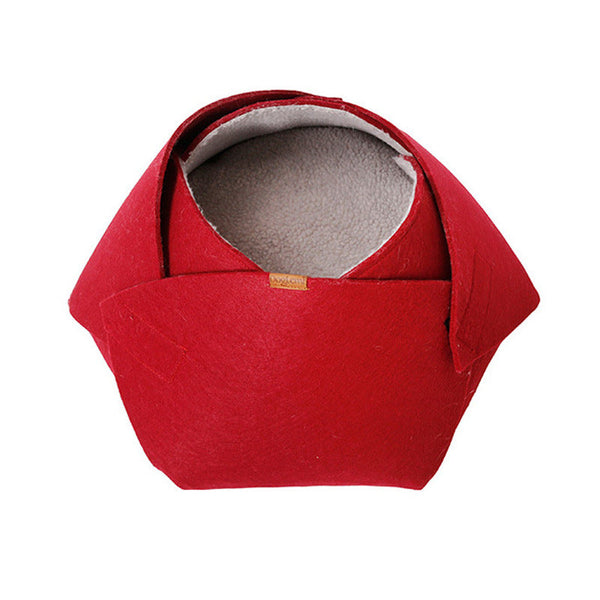 HKM-2250557 Cozy Red Felt Cat Nest with Removable Lamb Down Lining, 47cm x 40cm x 25cm