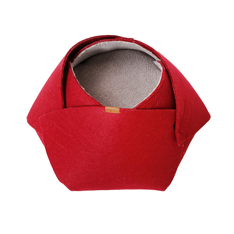 HKM-2250557 Cozy Red Felt Cat Nest with Removable Lamb Down Lining, 47cm x 40cm x 25cm