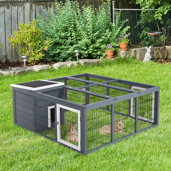 HKM-2254141 Waterproof Gray Rabbit Hutch for Small Animals with Enclosed House and Run Area