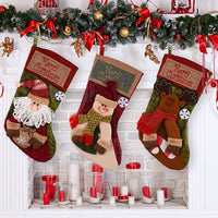 HKM-225491 Christmas Stocking Socks with 3D Appliqué Design - Snowman, Santa, Elk & Ornaments for Holiday Decorating