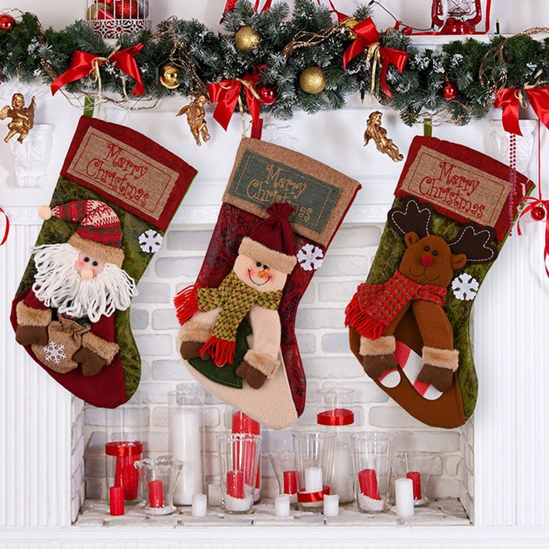 HKM-225491 Christmas Stocking Socks with 3D Appliqué Design - Snowman, Santa, Elk & Ornaments for Holiday Decorating