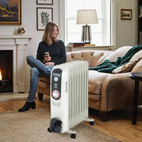 HKM-225491 Portable Oil-Filled Electric Heater with Adjustable Thermostat and Tip-Over Protection, 1000-3000W, Ideal for Indoor Use