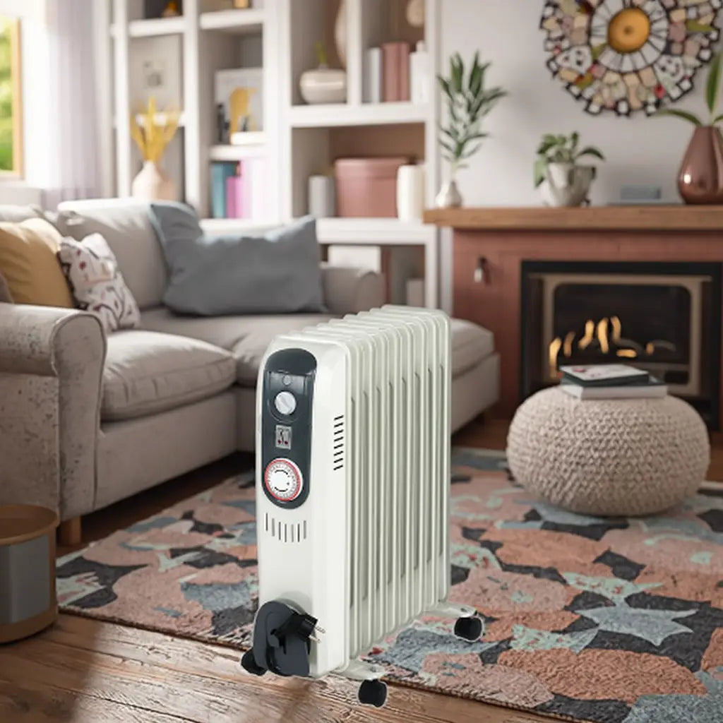 HKM-225491 Portable Oil-Filled Electric Heater with Adjustable Thermostat and Tip-Over Protection, 1000-3000W, Ideal for Indoor Use