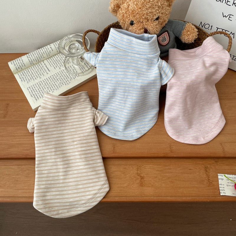 HKM-2255037 Striped Turtleneck Flounced Sleeve Pet Shirt in Blue, Pink, and Coffee