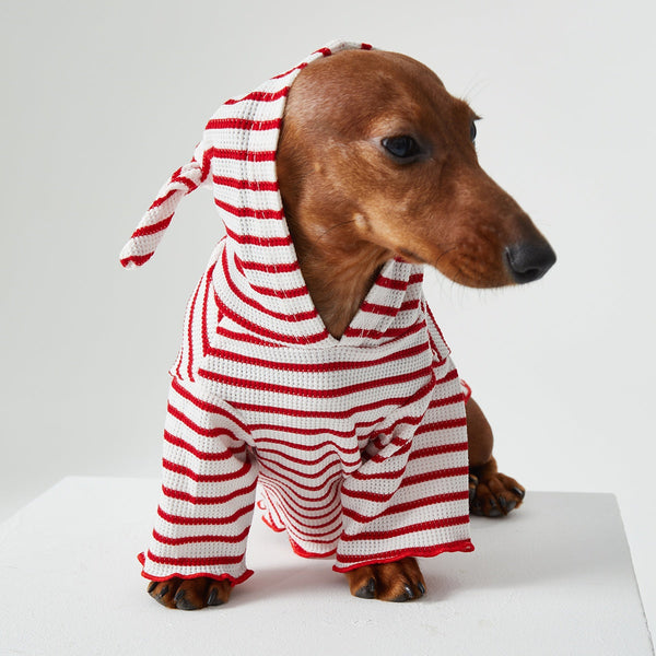 HKM-2256829 Striped Hooded Pet Apparel for Cats and Dogs - Two Feet Design, Available in Red and Blue, Multiple Sizes