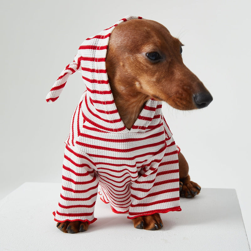 HKM-2256829 Striped Hooded Pet Apparel for Cats and Dogs - Two Feet Design, Available in Red and Blue, Multiple Sizes
