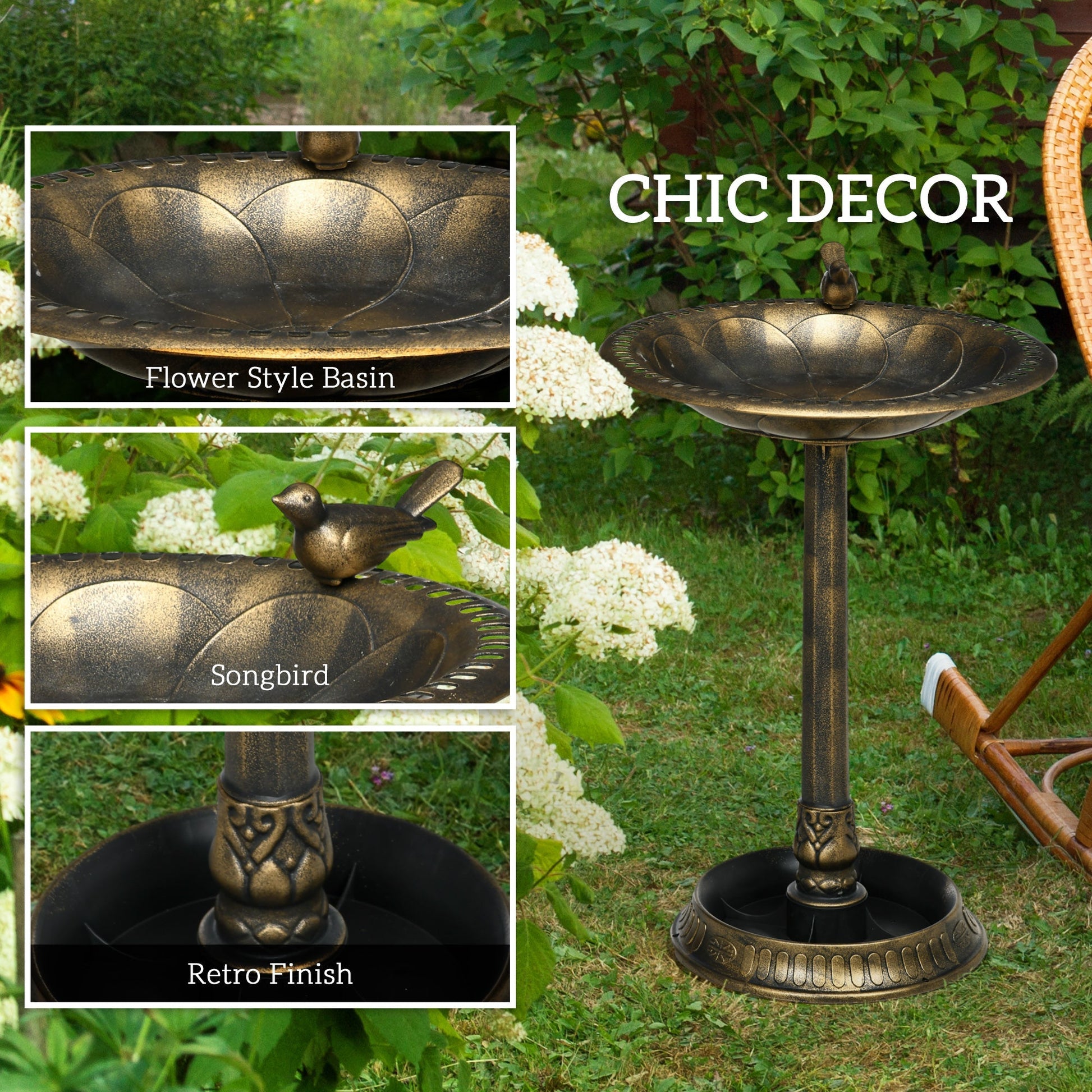 HKM-2258109 Antique Bronze Two-Basin Bird Bath with Planter and Charming Bird Statues