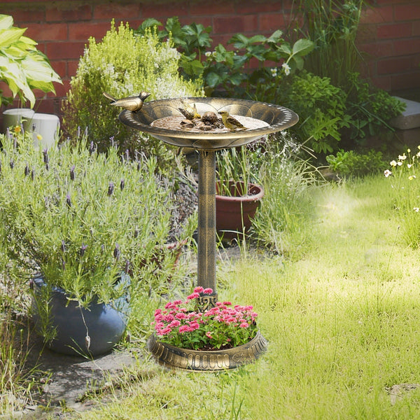 HKM-2258109 Antique Bronze Two-Basin Bird Bath with Planter and Charming Bird Statues