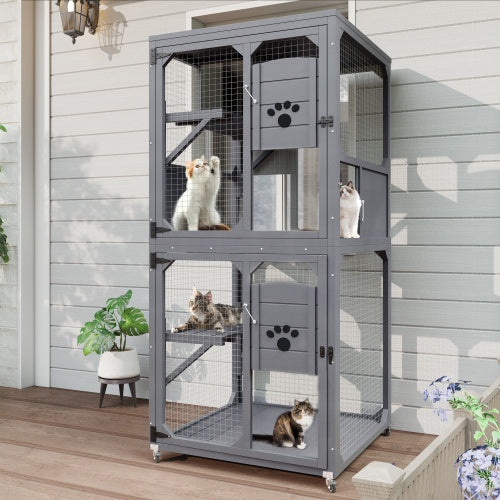 HKM-225875 Four-Tier Outdoor Cat Enclosure with Window Access, Waterproof Roof, Rest Box & Wheels