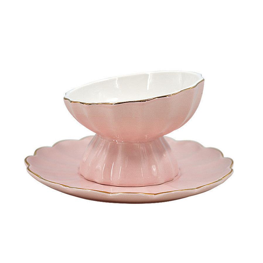 HKM-225875 Pink Bone Porcelain Cat Bowl with Dinner Plate - Indoor American Style Set