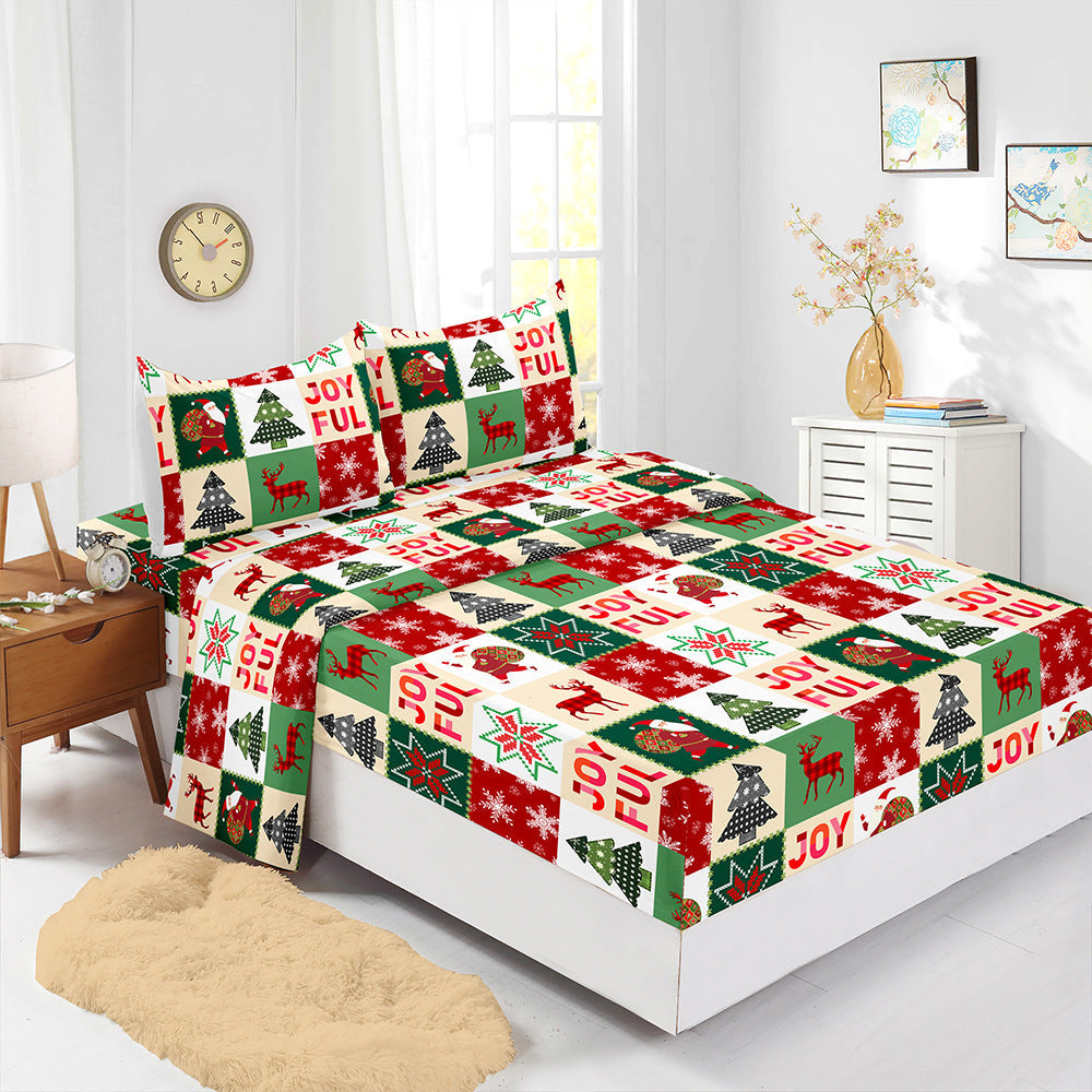HKM-225875 Red Christmas Fitted Sheet Set with Pillowcases in Multiple Sizes and Modern Design