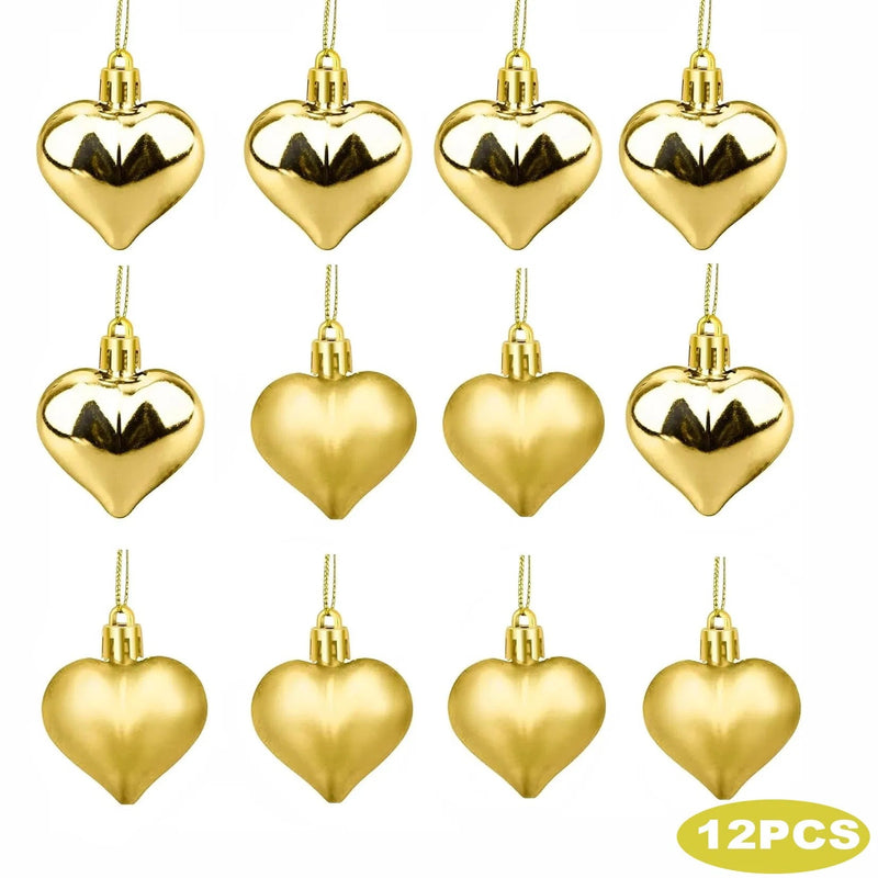 HKM-226003 12PCS Heart-Shaped Christmas Ornaments in Gold, Red, Pink, and Silver - Glossy and Matte Tree Decorations for Weddings and Valentine's Day