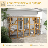 HKM-2260285 Outdoor Cat Window Box Enclosure with Shelves and Bridges for Multiple Cats - Yellow