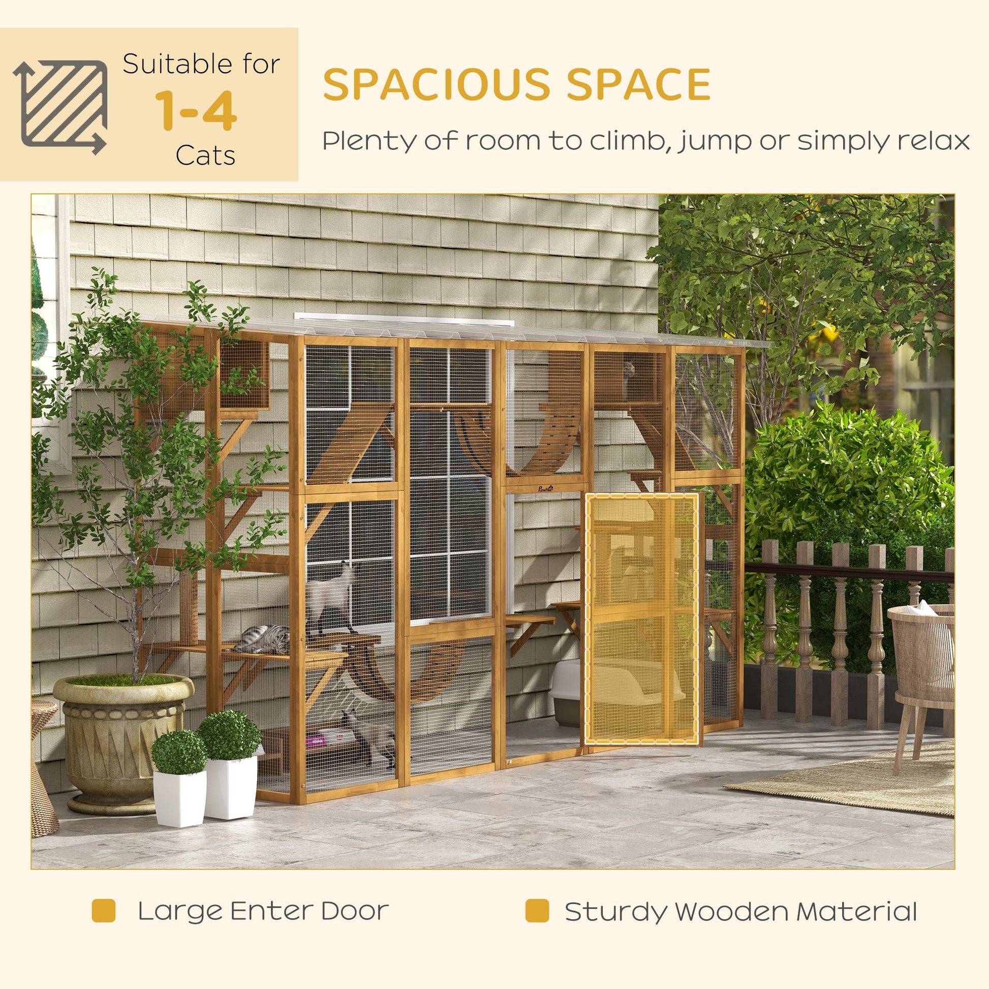 HKM-2260285 Outdoor Cat Window Box Enclosure with Shelves and Bridges for Multiple Cats - Yellow