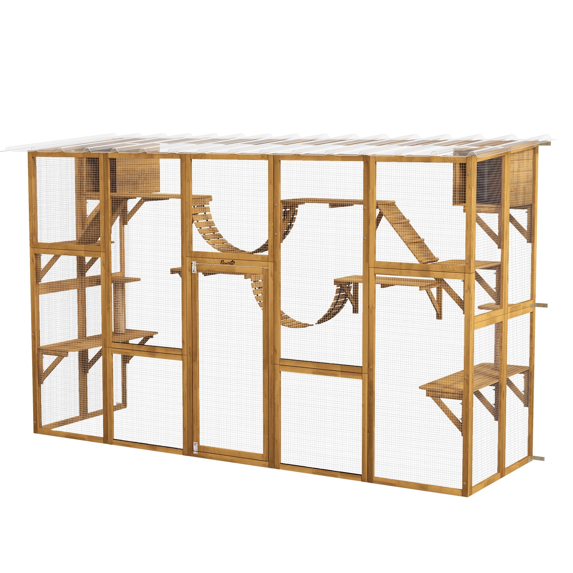 HKM-2260285 Outdoor Cat Window Box Enclosure with Shelves and Bridges for Multiple Cats - Yellow