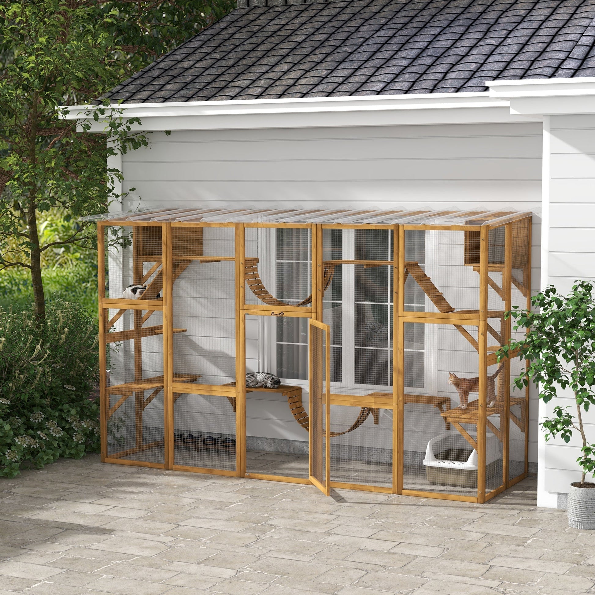 HKM-2260285 Outdoor Cat Window Box Enclosure with Shelves and Bridges for Multiple Cats - Yellow