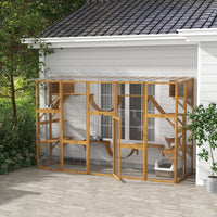 HKM-2260285 Outdoor Cat Window Box Enclosure with Shelves and Bridges for Multiple Cats - Yellow