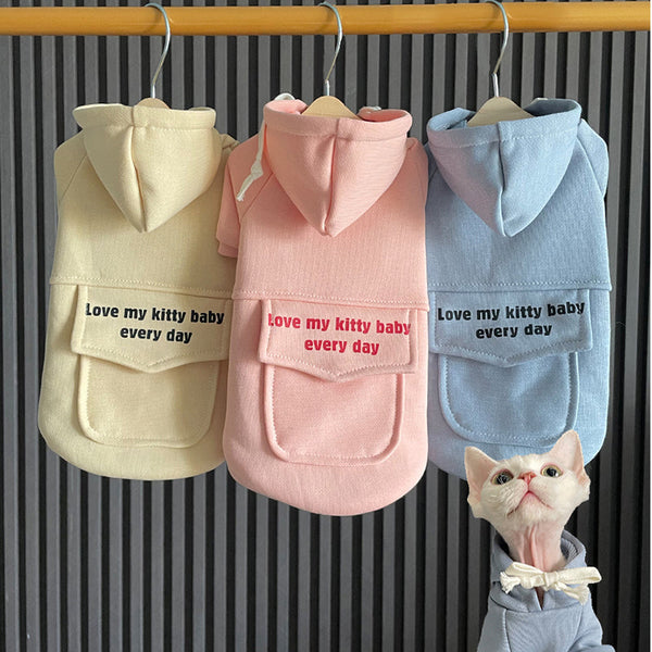 HKM-2261309 Pure Cotton Hooded Sweater for Cats - Available in Haze Blue, Pink, and Beige, Multiple Sizes