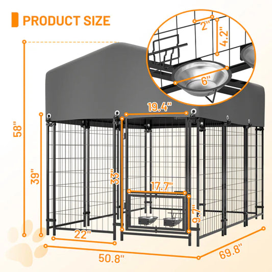HKM-2261693 Heavy Duty Outdoor Dog Kennel with Roof, UV-Resistant Waterproof Cover, Locking System & Feeding Bowl