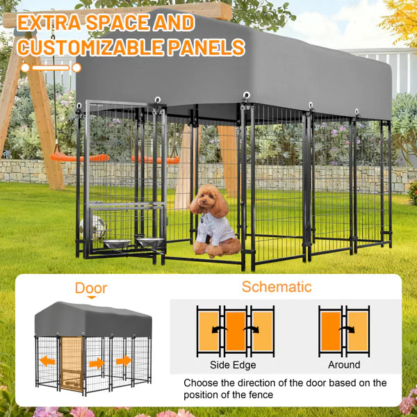 HKM-2261693 Heavy Duty Outdoor Dog Kennel with Roof, UV-Resistant Waterproof Cover, Locking System & Feeding Bowl