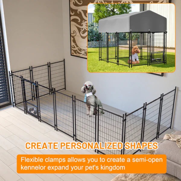 HKM-2261693 Heavy Duty Outdoor Dog Kennel with Roof, UV-Resistant Waterproof Cover, Locking System & Feeding Bowl