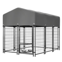 HKM-2261693 Heavy Duty Outdoor Dog Kennel with Roof, UV-Resistant Waterproof Cover, Locking System & Feeding Bowl