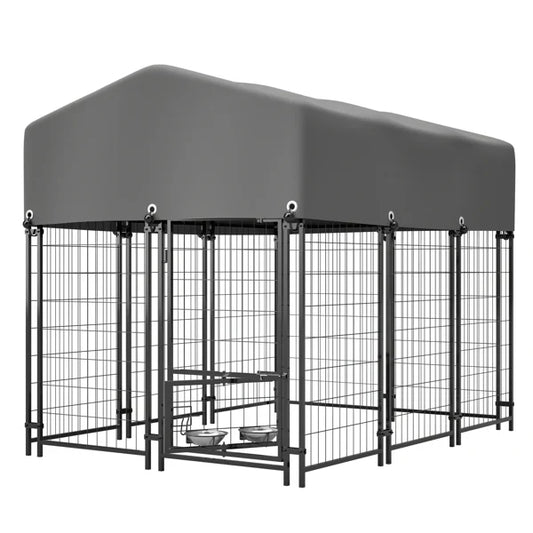 HKM-2261693 Heavy Duty Outdoor Dog Kennel with Roof, UV-Resistant Waterproof Cover, Locking System & Feeding Bowl
