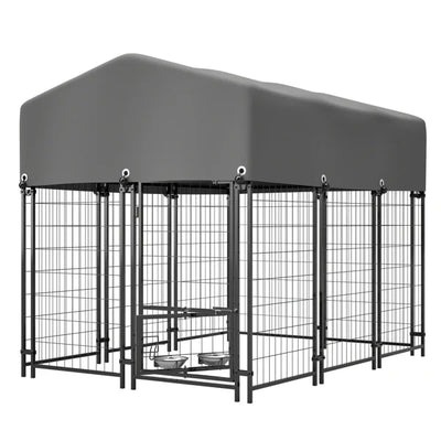 HKM-2261693 Heavy Duty Outdoor Dog Kennel with Roof, UV-Resistant Waterproof Cover, Locking System & Feeding Bowl