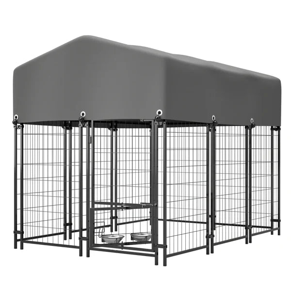 HKM-2261693 Heavy Duty Outdoor Dog Kennel with Roof, UV-Resistant Waterproof Cover, Locking System & Feeding Bowl