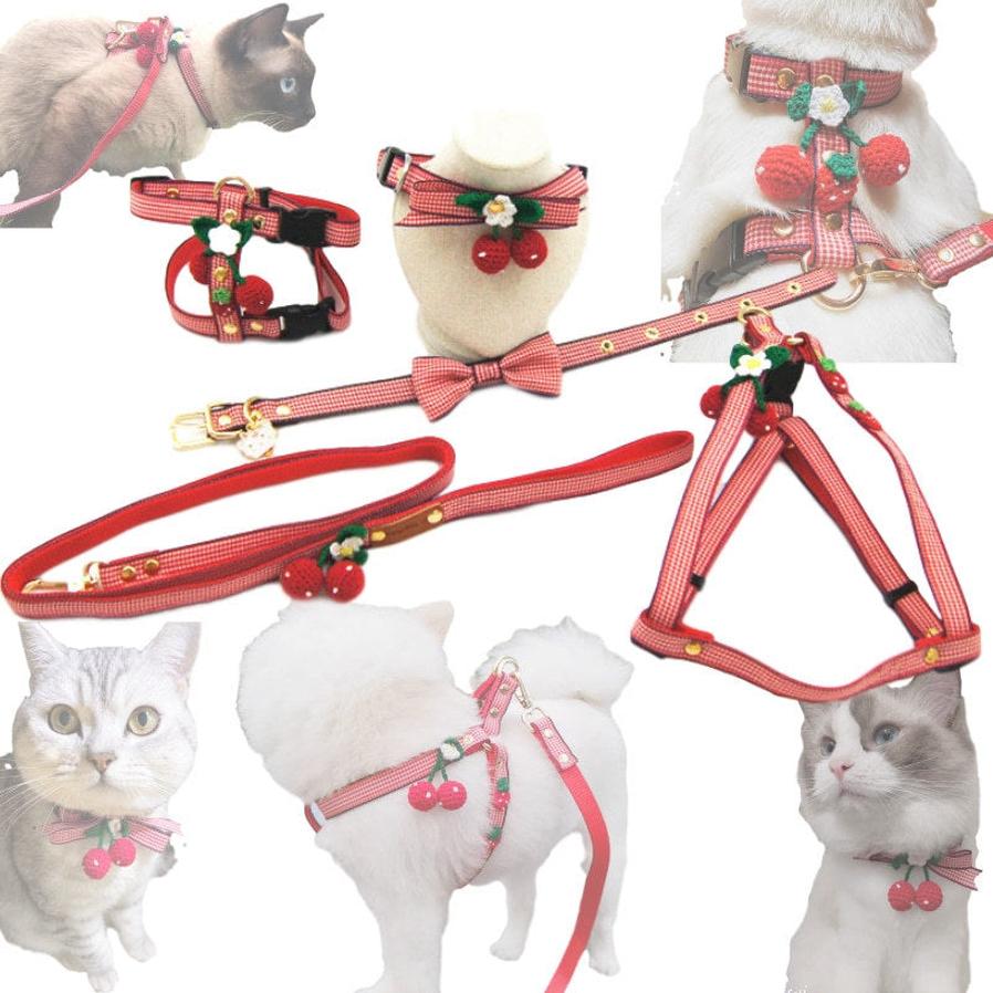 HKM-226259 Knit Strawberry Pet Traction Set for Cats and Dogs, Adjustable Size with Cute Pendant
