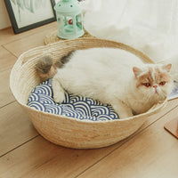 HKM-2271805 Rattan Cat Nest for All Seasons - 35cm Diameter, Comfortable Corn Skin Knitting with PP Cotton