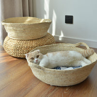 HKM-2271805 Rattan Cat Nest for All Seasons - 35cm Diameter, Comfortable Corn Skin Knitting with PP Cotton