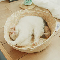 HKM-2271805 Rattan Cat Nest for All Seasons - 35cm Diameter, Comfortable Corn Skin Knitting with PP Cotton