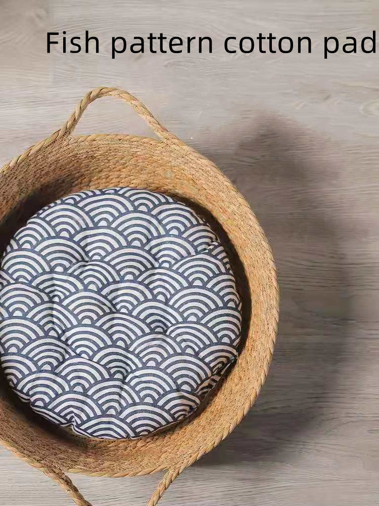 HKM-2271805 Rattan Cat Nest for All Seasons - 35cm Diameter, Comfortable Corn Skin Knitting with PP Cotton