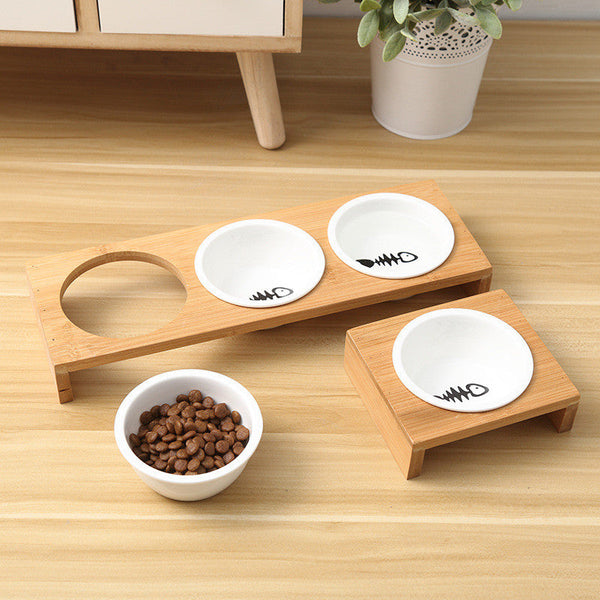 HKM-2271933 Bamboo Frame Ceramic Pet Feeder Bowls - Single, Double, or Triple Design for Cats