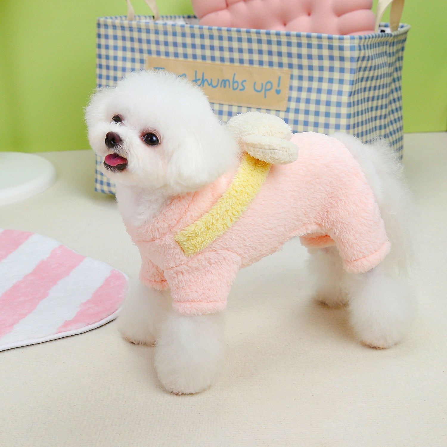 HKM-2272317 Fluffy Dog Jacket for Small Dogs - Four-Legged Coat in Yellow, Pink, and Green